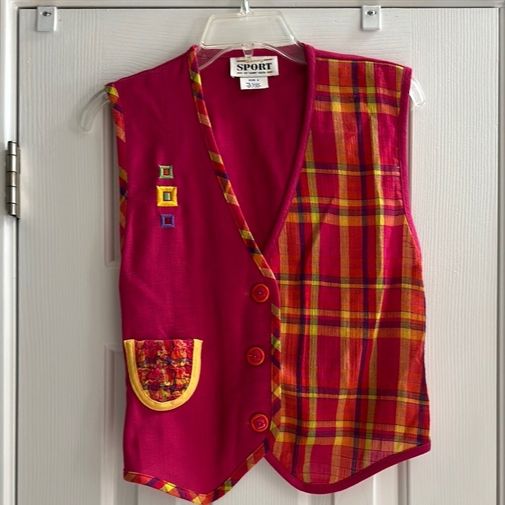 Sunny Sport Vintage Colorful Plaid Vest Button Accents Made In USA Women’s 4